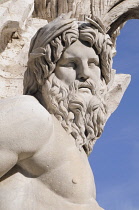 Italy, Lazio, Rome, Centro Storico, Piazza Navona, fountain detail, Bernini's Fontana dei Quattro Fiumi.