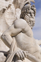 Italy, Lazio, Rome, Centro Storico, Piazza Navona, fountain detail, Bernini's Fontana dei Quattro Fiumi.