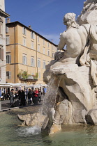 Italy, Lazio, Rome, Centro Storico, Piazza Navona, fountain detail, Bernini's Fontana dei Quattro Fiumi.