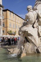 Italy, Lazio, Rome, Centro Storico, Piazza Navona, fountain detail, Bernini's Fontana dei Quattro Fiumi.