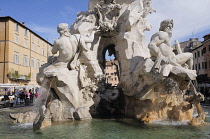Italy, Lazio, Rome, Centro Storico, Piazza Navona, fountain detail, Bernini's Fontana dei Quattro Fiumi.