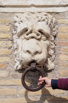 Italy, Lazio, Rome, Centro Storico, Villa Medici, stone lion wall detail.