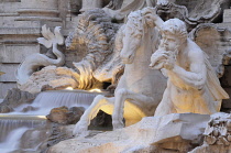 Italy, Lazio, Rome, Centro Storico, Trevi Fountain at night, fountain detail.