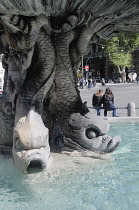 Italy, Lazio, Rome, Quirinal Hill, Piazza Barberini, Bernini's Fontana del Tritone, fish detail.