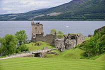 Scotland, Inverness-shire, Urquhart Castle with Loch Ness in the background.