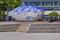 Northern Ireland, Belfast, Donegall Quay, The Big Fish Sculpture by John Kindness with the scales of the fish represented by pieces of printed blue tiles which show details of Belfasts history.