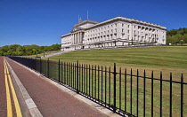 Northern Ireland, Belfast, Stormont, Parliament or Northern Ireland Assembly Buildings with double yellow lines and railings in the foreground.