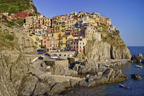 Italy, Liguria, Cinque Terre, Manarola, General vista of the town from Punta Bonfiglio opposite.