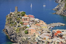 Italy, Liguria, Cinque Terre, Vernazza, view of the town from high up on the Sentiero Azzurro or Blue Trail which is the famous hiking trail that links the 5 towns.