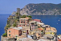 Italy, Liguria, Cinque Terre, Vernazza, view of the town from high up on the Sentiero Azzurro or Blue Trail which is the famous hiking trail that links the 5 towns.