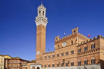 Italy, Tuscany, Siena, Piazza del Campo with the Torre del Mangia and Palazzo Publico or Town Hall.