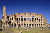 Italy, Lazio, Rome, The Colosseum amphitheatre built by Emperor Vespasian in AD 80, View of the full south side with tourists both inside and outside.