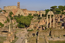 Italy, Lazio, Rome, View of the Roman Forum from Capitoline Hill in evening light with the Colosseum in the background.