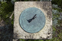 Garden, Ornaments, Sundial on concrete, stone-effect, plinth in lavender bed.