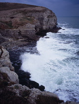 England, Dorset, Worth Matravers, Limestone seacliffs at disused winspit quarry.