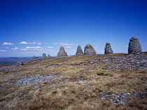 England, Cumbria, Great Shunner Fell, Nine Standards Rigg, 662m, cairns at the summit of Hartley Fell.