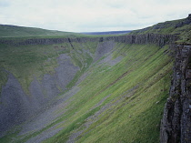 England, Cumbria, North West Penines, High Cup Nick showing hard limestone whish resisted glacial erosion.