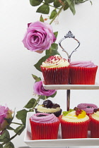 Studio shot of colourfully decorated cupcakes on cake stand with pink roses behind.