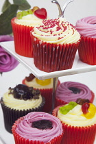 Studio shot of colourfully decorated cupcakes on cake stand with pink roses behind.