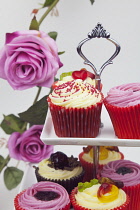 Studio shot of colourfully decorated cupcakes on cake stand with pink roses behind.