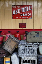 Transport, Railway, Steam, Old Luggage and fire buckets at station platform.