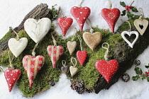 Festivals, Christmas, Cut out wooden heart decorations.