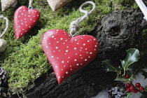 Festivals, Christmas, Cut out wooden heart decorations.