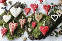 Festivals, Christmas, Cut out wooden heart decorations.