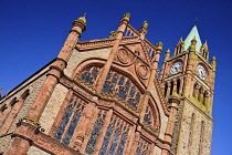 Northern Ireland, County Derry, The Guild Hall, a section of its Neo Gothic facade and the clock Tower.