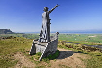 Northern Ireland, County Derry, Binevenagh Mountain with a statue of Manannan Ma Lir the Celtic God of the Sea overlooking Lough Foyle.