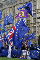 England, London, Westminster, Parliament Square, Brexit protest flags.