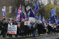 England, London, Westminster, Parliament Square, Brexit protest flags.