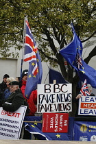 England, London, Westminster, Parliament Square, Brexit protest flags.