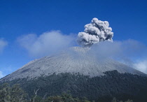 Indonesia, Java, Mount Semeru, View toward summit errupting plume of smoke.