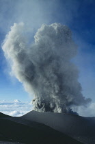 Indonesia, Java, Mount Semeru, View toward summit errupting plume of smoke.