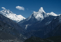 Nepal, Sagarmatha National Park, Near Namche, View toward Ama Dablam 6856m Everest 8848m and Lhotse 8501m.