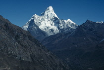 Nepal, Sagarmatha National Park, Ama Dablam snowcapped mountain peak 6856m.