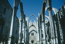 Portugal, Lisbon, Igreja do Carmo, View of skeletal arches of the Carmelite church ruined in the earthquake of 1755 dating from the late 14th century.