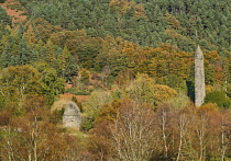 Ireland, County Wicklow, Glendalough Monastic site, The Round Tower emerging from amidst autumn foliage.