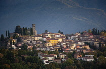 Italy, Tuscany, Lucca, Barga, View across toward the historic hilltop town.