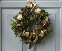 Religion, Festivals, Christmas, Floral wreath decoration on door.