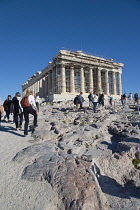 Greece, Attica, Athens, Acropolis, Parthenon with crowds of tourists.