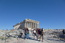 Greece, Attica, Athens, Acropolis, Parthenon with crowds of tourists.