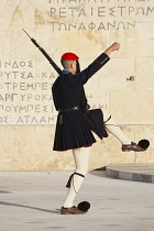 Greece, Attica, Athens, Evzones Greek soldier on parade outside the Parliament building.