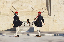 Greece, Attica, Athens, Evzones Greek soldiers on parade outside the Parliament building.