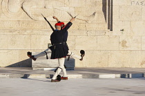 Greece, Attica, Athens, Evzones Greek soldiers on parade outside the Parliament building.