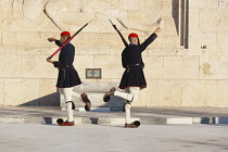 Greece, Attica, Athens, Evzones Greek soldiers on parade outside the Parliament building.