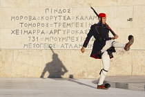 Greece, Attica, Athens, Evzones Greek soldier on parade outside the Parliament building.