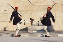 Greece, Attica, Athens, Evzones Greek soldiers on parade outside the Parliament building.