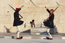 Greece, Attica, Athens, Evzones Greek soldiers on parade outside the Parliament building.